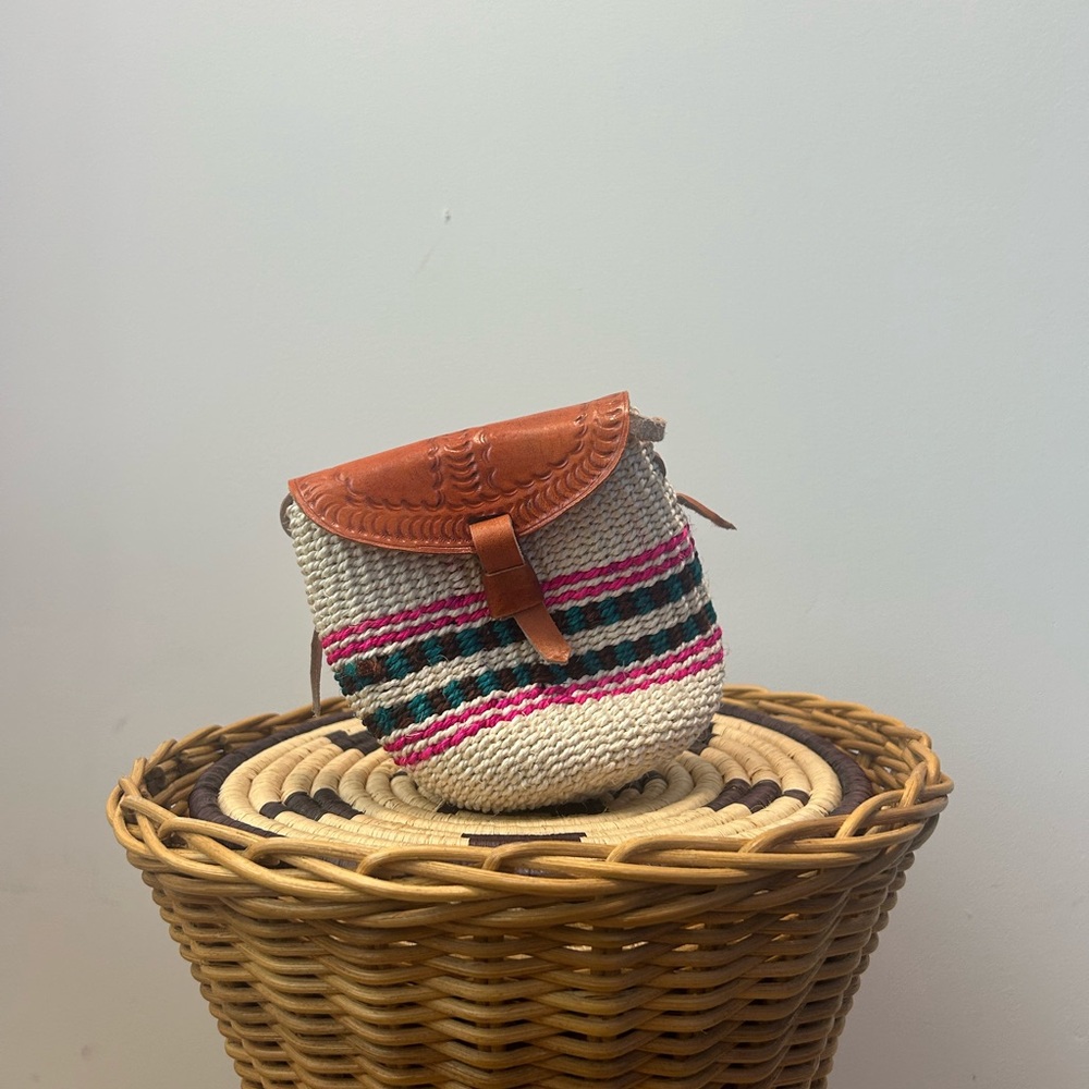 African Handcrafted Tan and Pink Crossbody Bag